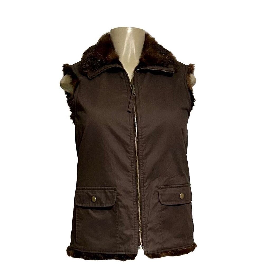 Old Navy Reversible Vest Women's Size S Dark Brown Faux Fur Sleeveless Full Zip